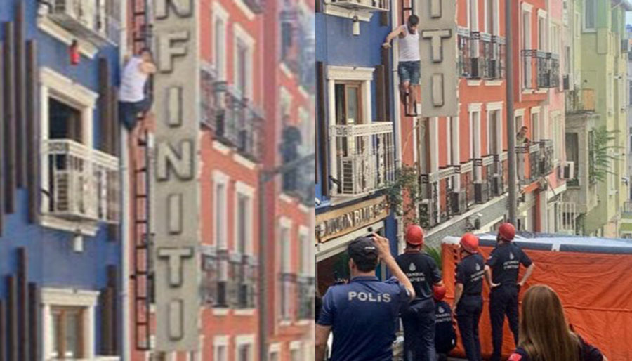 Korkudan otelin camına çıktı