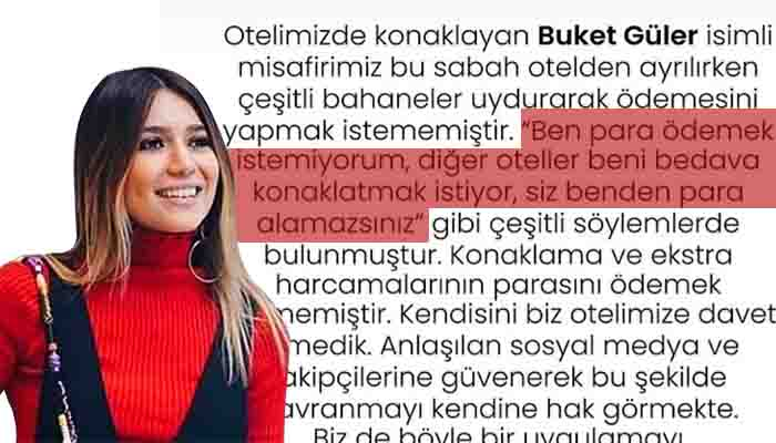 Grand Yazıcı Otel ile Buket Güler arasında ‘beleşçilik’ tartışması