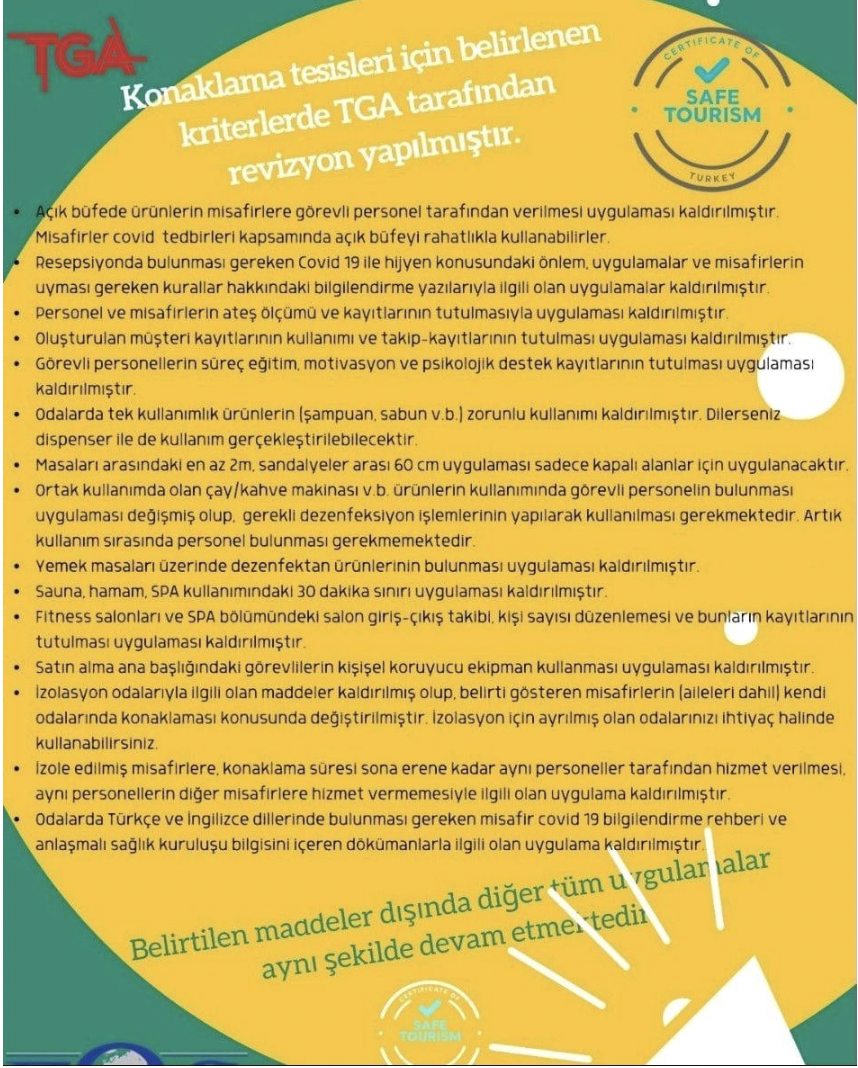 15 madde Güvenli Turizm Sertifikasından çıkarılıyor