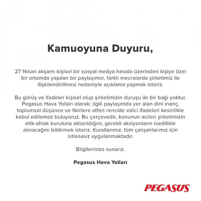 Pegasus’ta etik-ahlak kurulu ‘Kadir Gecesi’ paylaşımı yapan personeller için devreye girdi