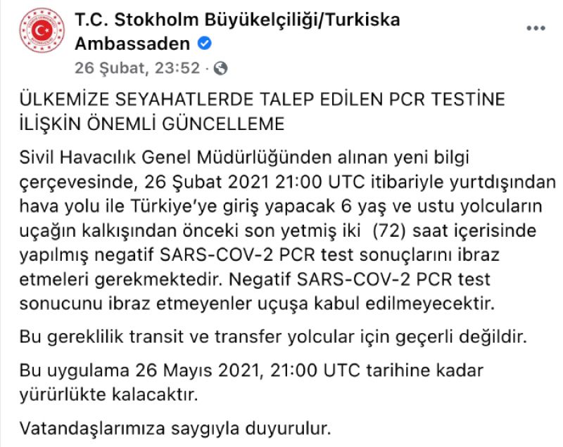 Türkiye'ye PCR Testi ile girişte süre uzatıldı